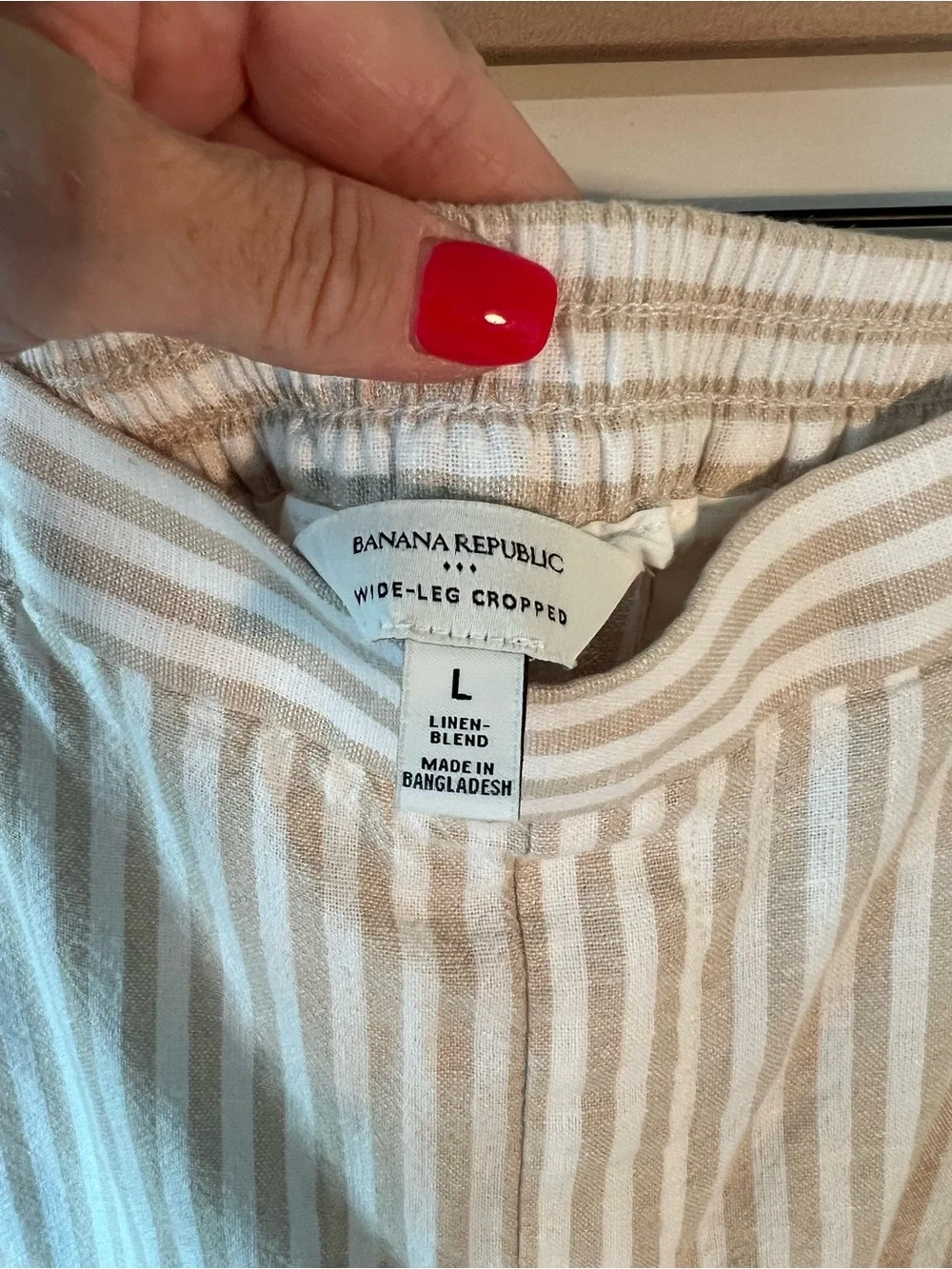 Banana Republic Striped Wide-Leg Linen Elasticized Pants Khaki White Cropped